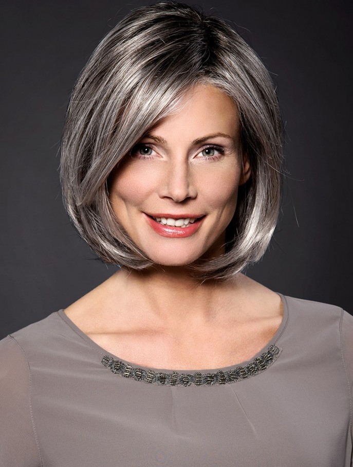 Older Women Wigs, Straight Grey 10" Grey Synthetic 100% Hand-tied Chin