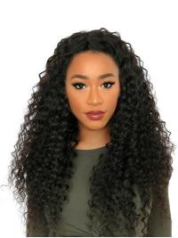 24" Without Bangs Black Curly Remy Human Hair 360 Lace Wigs