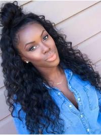 Curly Black 18" Without Bangs Remy Human Hair 360 Lace Wigs